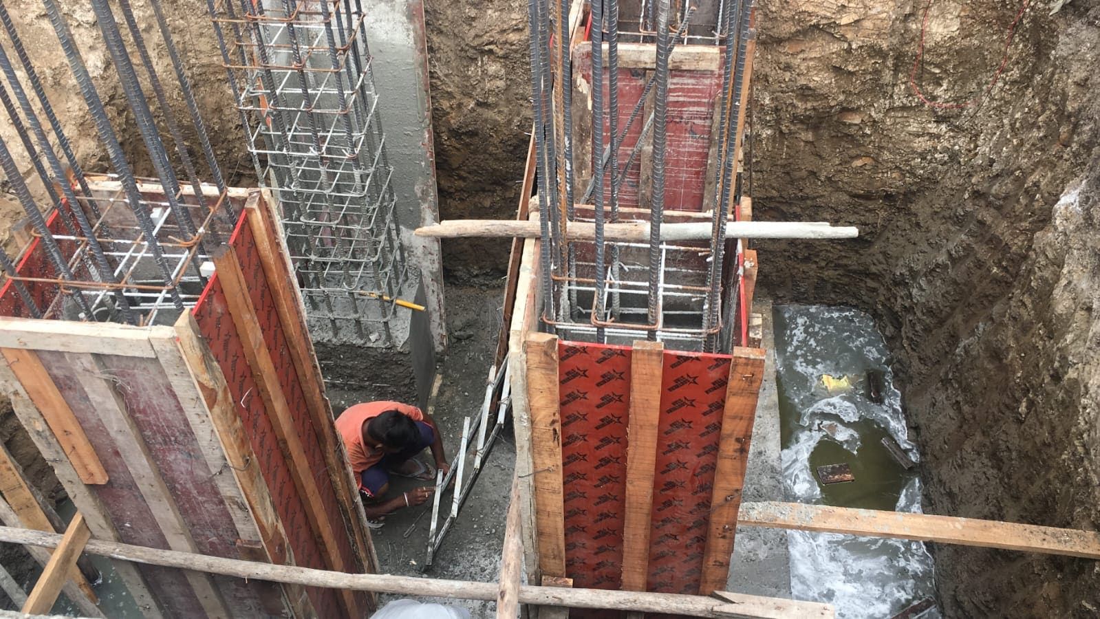 Steel reinforcement cages and timber shuttering for the stack foundation columns