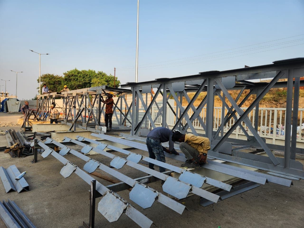 Gusset stiffener plates laid out during ground fabrication of stack sections