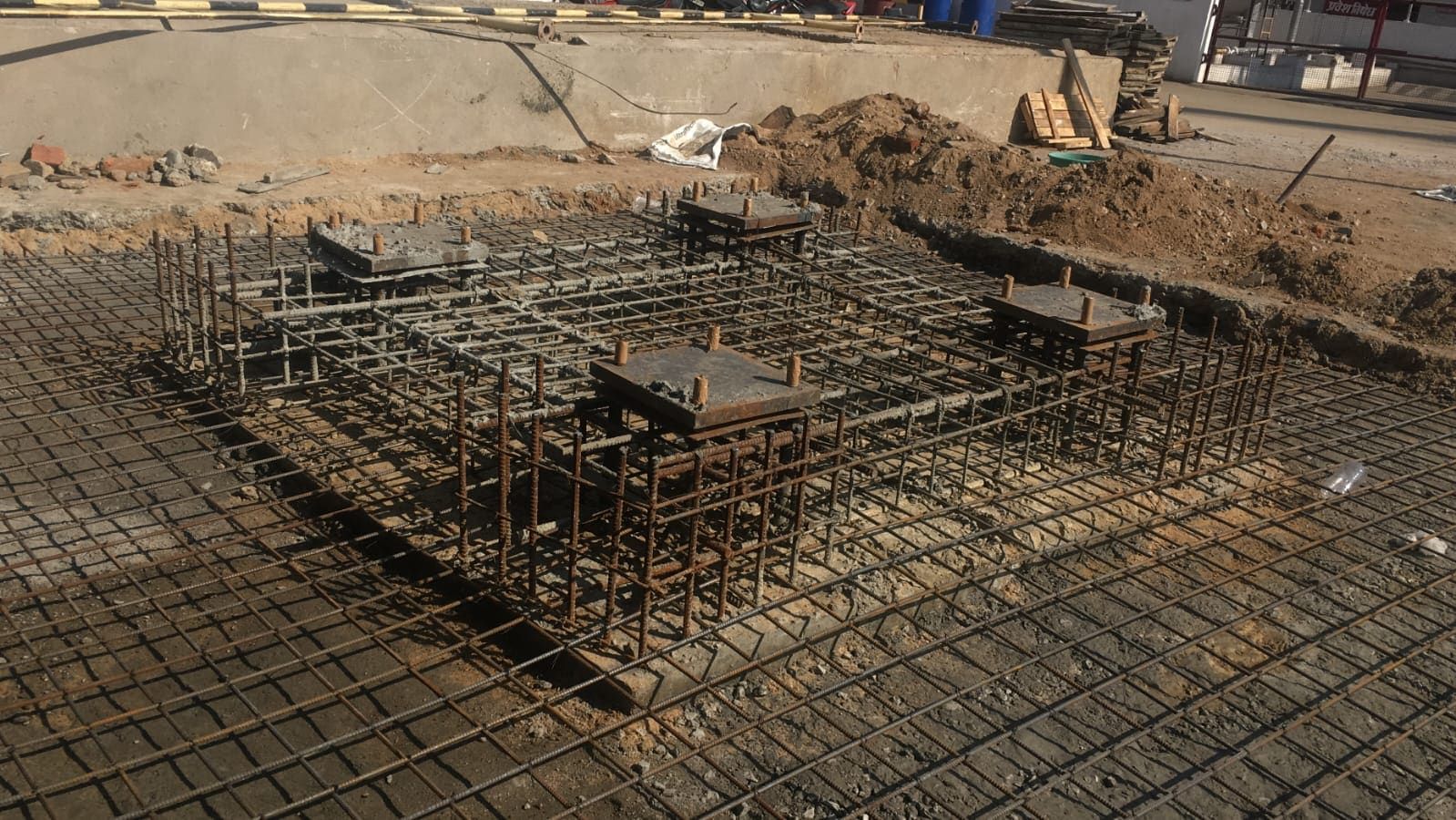 Raft reinforcement and anchor-bolt cages for a 30 metre stack foundation